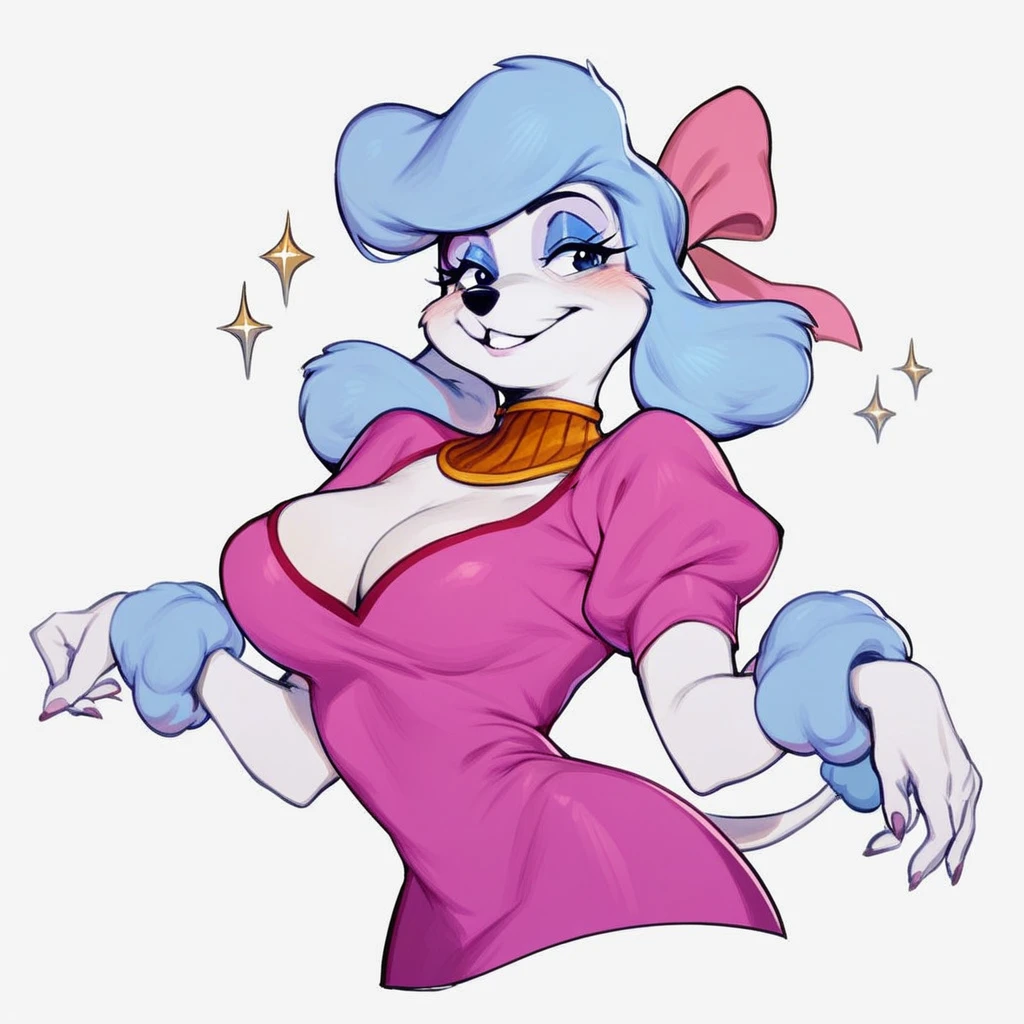 score_9,score_8,score_7,source_furry,georgette_oliver, georgette_poodle, 1girl, solo, breasts, furry female, tail, dress, blush, furry, blue hair, cleavage, smile, makeup, white background, bow, eyeshadow, genderswap, blue eyes, animal ears, hair bow, simple background, cropped legs, puffy sleeves, pink dress, short sleeves, short dress, sparkle, body fur, blue eyeshadow, large breasts, poodle_girl, anthro, sfw, safe
