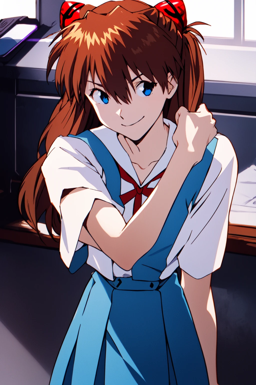 (RAW photo, best quality), 1girl,  natural lighting <lora:asuka_v1_2:0.9> ppasuka, smile,  <lora:eva school uniform:0.6> Eva school uniform