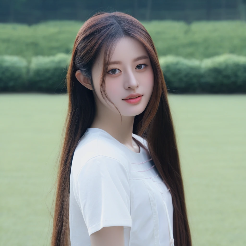 minju, (best quality, masterpiece:1.3), realistic, 1girl, solo, cute, beautiful, looking at viewer, beautiful expression, (upper body:1.2), portrait, (straight on), outdoors, in the park, (closed mouth:1.2), white shirt, long hair, medium breast, detailed face, detailed eyes, detailed iris, lips, highres