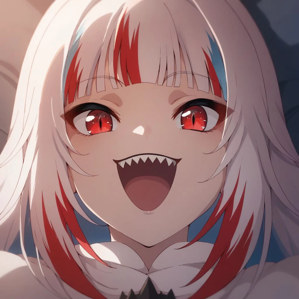 score_9, score_8_up, score_7_up, gawr gura, (dark persona, red eyes, red hair), POV, looking at you, evil smile, open mouth, upper teeth only, sharp teeth