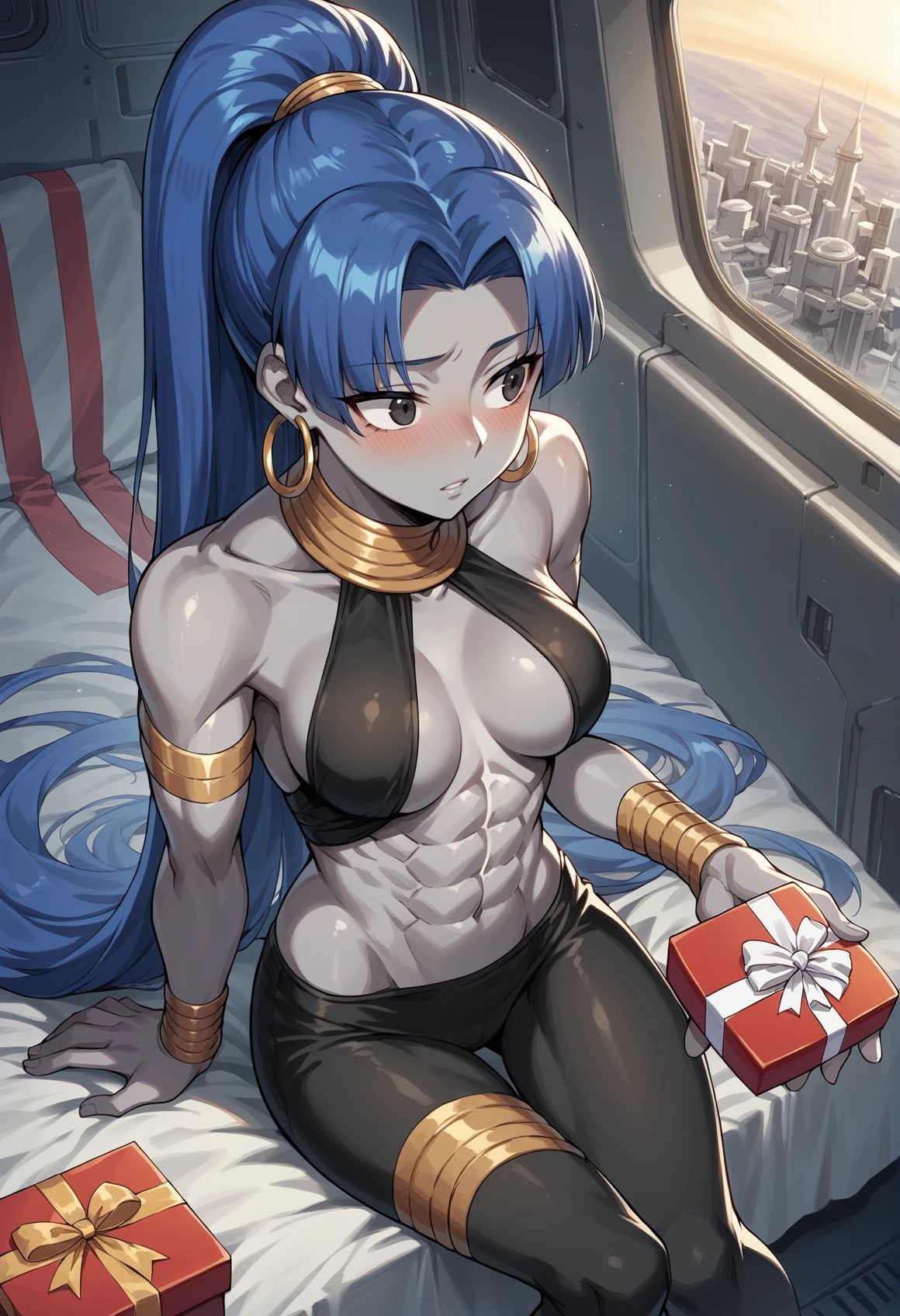 1girl, very dark skin, colored skin, grey skin, very long hair, blue hair, ponytail, black eyes, parted lips, abs, hoop earrings, neck ring, armlet, bracelet, leggings, indoors, spacecraft interior, bed, plant, holding gift, heart-shaped box, blushing, looking to the side, from above, sitting <lora:Hassan_Hundred_Personas_F:1>, score_9, score_8_up, score_7_up, score_6_up, score_5_up, score_4_up, BREAK source_anime, masterpiece