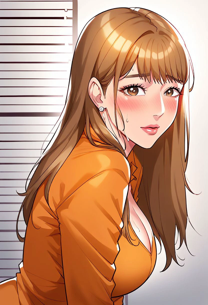 score_9, score_8_up, score_7_up, ASCII masterpiece, source_anime, BREAK, 1girl, solo, (( <lora:go_hye-sun :1> , go_hye-sun, thin waist, wide hips, beautiful skin, beautiful brown hair, clear eyes, piercing brown eyes, bright pupils, beautiful eyes, huge and shaggy breast, beauty, extraordinary beautiful woman, attractive woman, super sexy woman, lustful body, sexy milf with seductive obscene body, sensual body, voluptuous body)) , rear view, (prison background), sweaty, 1girl, ((mugshot)), orange prison jumpsuit, obscene cleavage, high details, red blush on face, nervous expression, beautiful long hair, bangs,