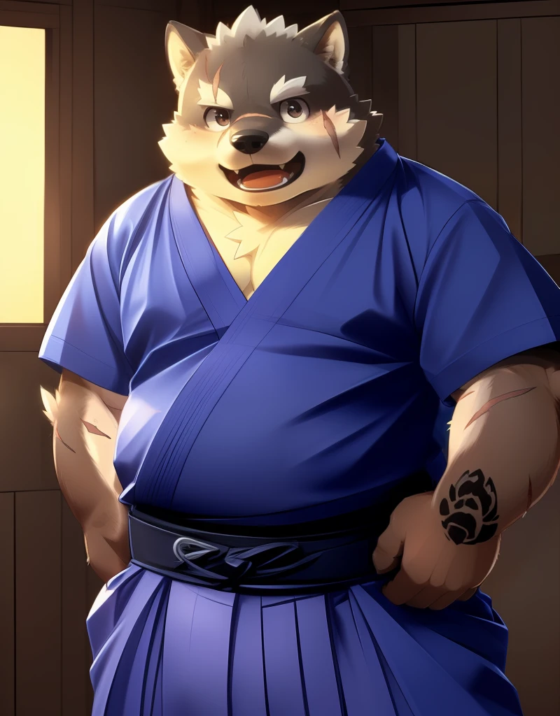 (((detailed eyes, detailed face))), (furry, moritaka <lora:character_moritaka_findigo_v2:1>, two-tone fur, dog boy, snout, black eyes, scar, tattoo on hand), male, (solo), (plump, fat, chubby, overweight), (blue kimono, short sleeves, blue hakama), standing, (arms behind back), smile, (front view) BREAK (konzaburou, ukan_muri), bedroom, (flat shading, high brightness), 8k, UHD, masterpiece, (full body), (scar on face, scar on cheek, scar on chest, scar on arm, scar on nose)