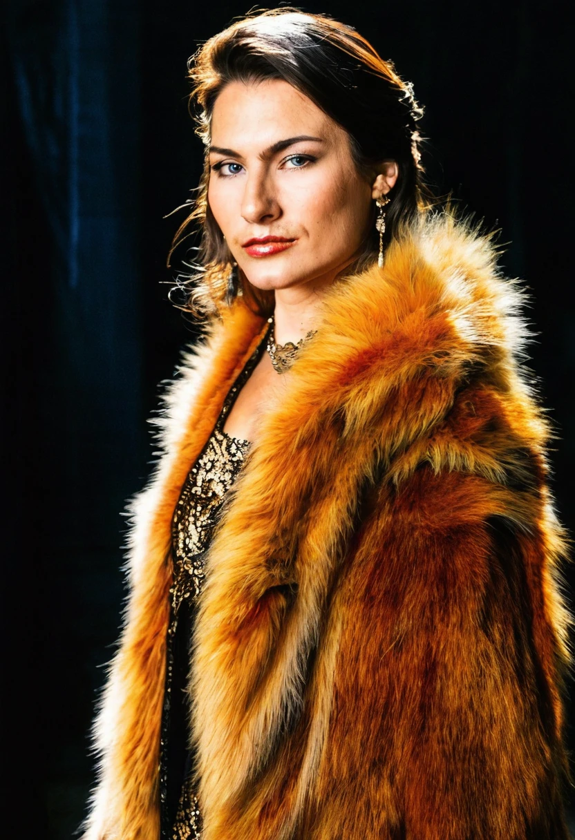 young woman wearing an elegant dress with lion fur
