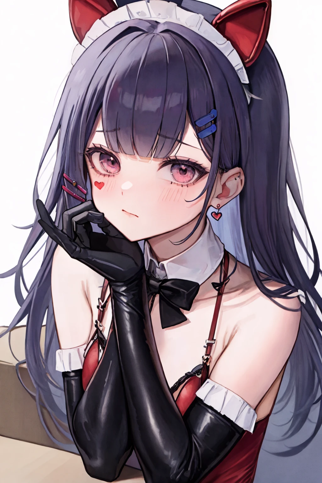 masterpiece, best quality, 1girl,  <lora:spakumaNihmune15:1> nihmune3rd, fake animal ears, mole under eye, heart tattoo, hairclip, heart earrings, maid headdress, elbow gloves, black gloves, red leotard, black gloves, elbow gloves, black bow, detached collar, black bowtie, black thighhighs, pantyhose, frills, box, flower, signature, upper body, blush, closed mouth, hand up, looking at viewer, solo, anxious