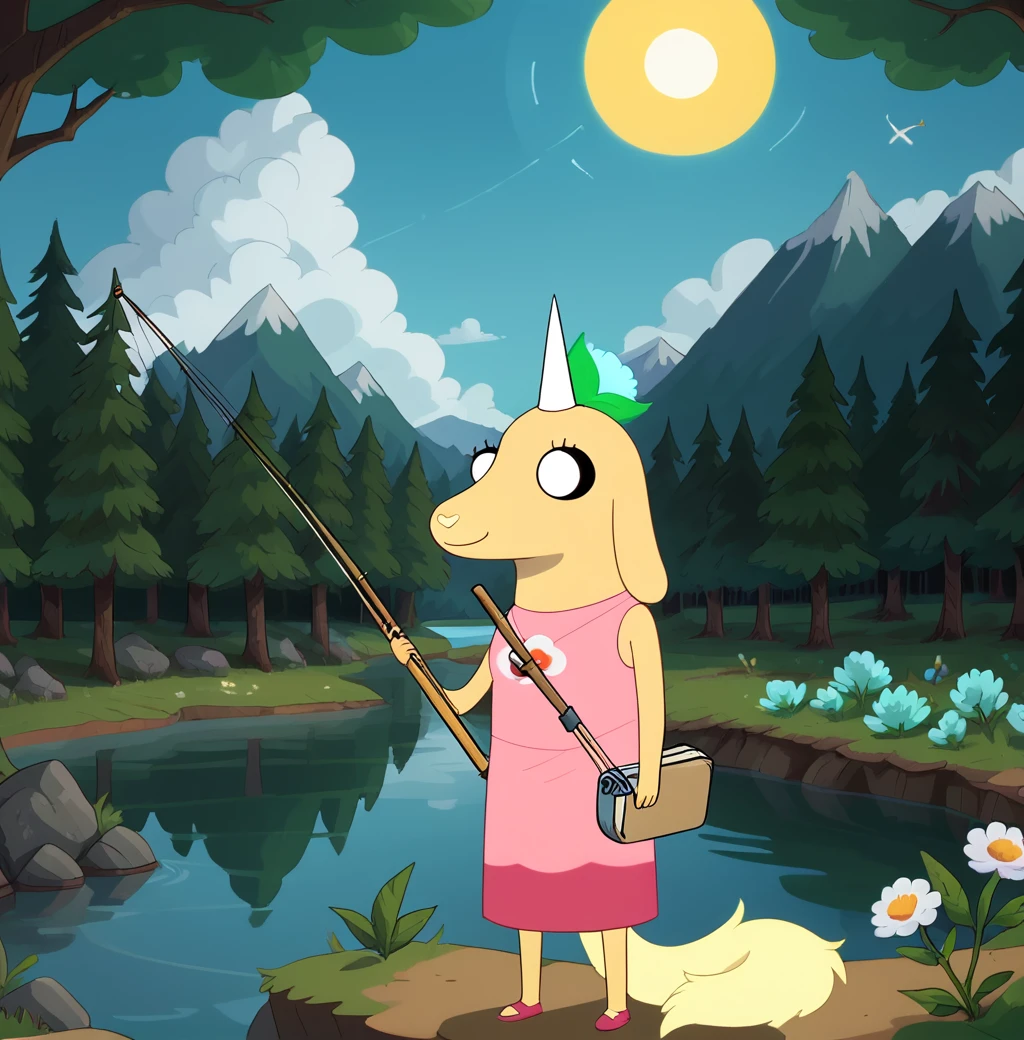 score_9, score_8_up, score_8,
 <lora:Viola_the_Pup_Adventure_Time_for_PonyXL:0.8> furry, 1girl, vi0la, single horn, animal ears, white eyes, black sclera, tail, flower hair ornament, pink dress, outdoors, forest, river, fishing, solo, daytime, sun, clouds, smile