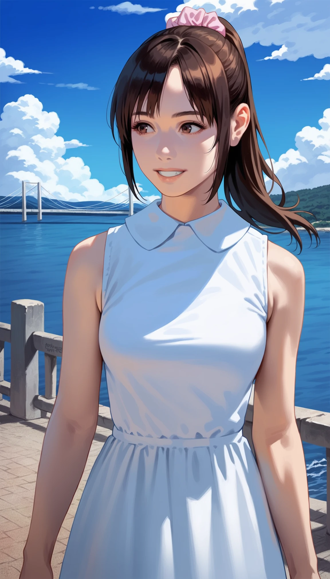 score_9,score_8_up,score_7_up,<lora:miiyamotoHikari:0.8>,
miiyamotohikari,
1girl,solo,black hair,ponytail,bangs,pink scrunchie,brown eyes,sleeveless white dress,white collar,eyes looking forward,grin,medium breasts,upper body,from below,
outdoors,blue sky,sea,cloud,street,railings,distant large bridge,distant mountains,clear blue sky,soft clouds drifting,summer,beautiful landscape,vignetting,blurry background,