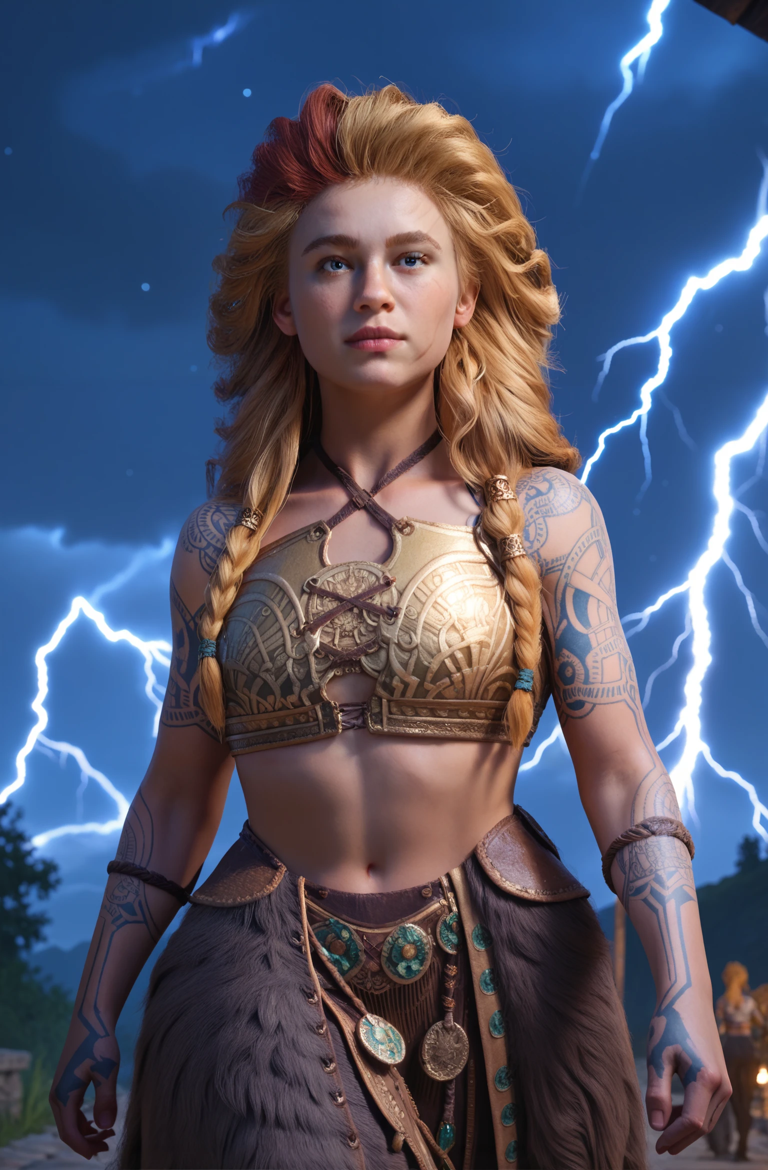 <lora:Thrúd_Thorsdóttir:0.9> thrud, 1girl, braid, blonde hair, tattoo, sky, night, lightning, long hair, looking at the viewer, walking to the viewer, crop top, blue eyes, scars, score_9, score_8_up, score_7_up, score_6_up, score_5_up, score_4_up