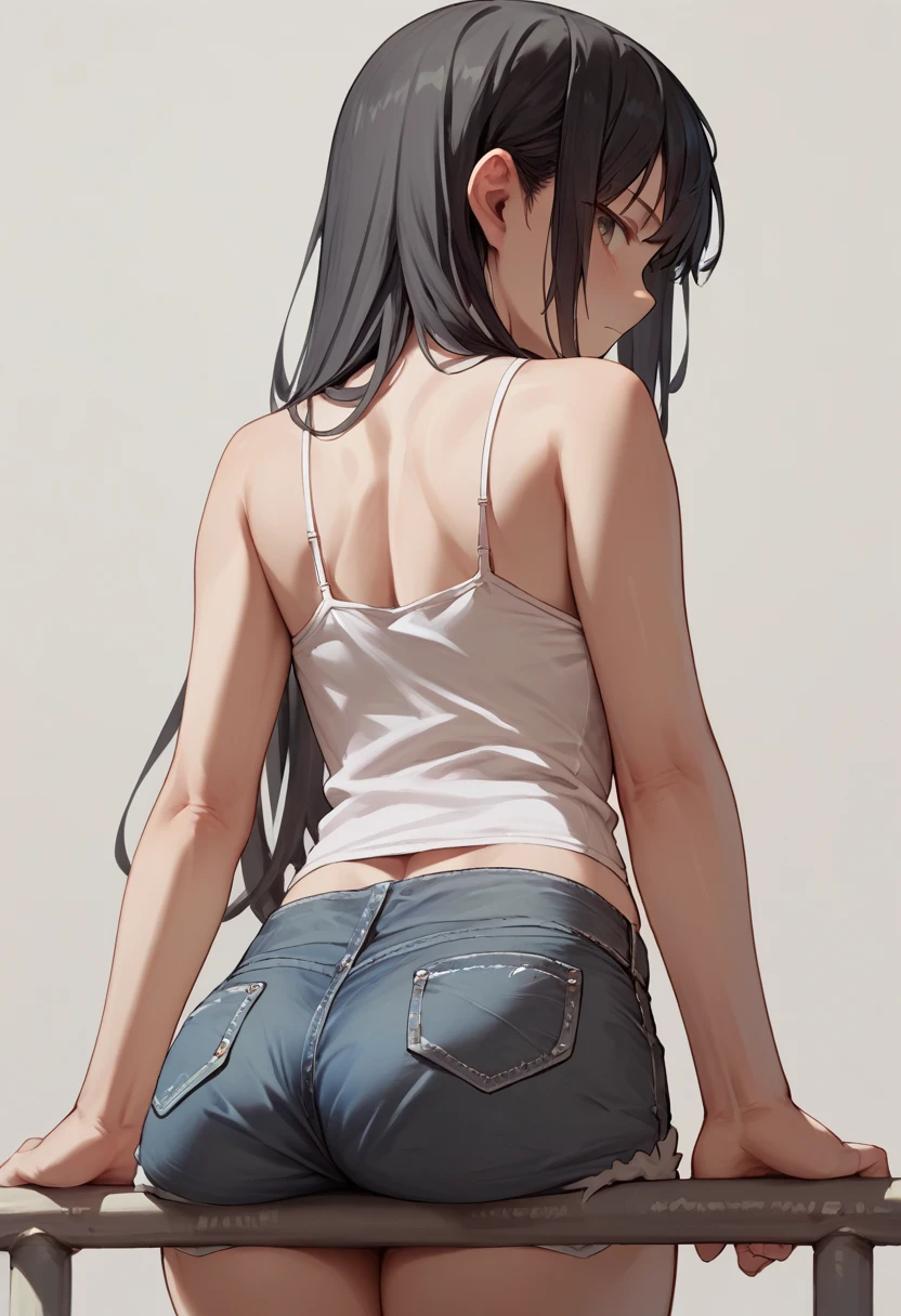 score_9, score_8_up, score_7_up, score_6_up, source_anime, <lora:ass_support_object_v0.1-pony:1> 
1girl, long hair, black hair, camisole, denim shorts, 
looking back, ass support,