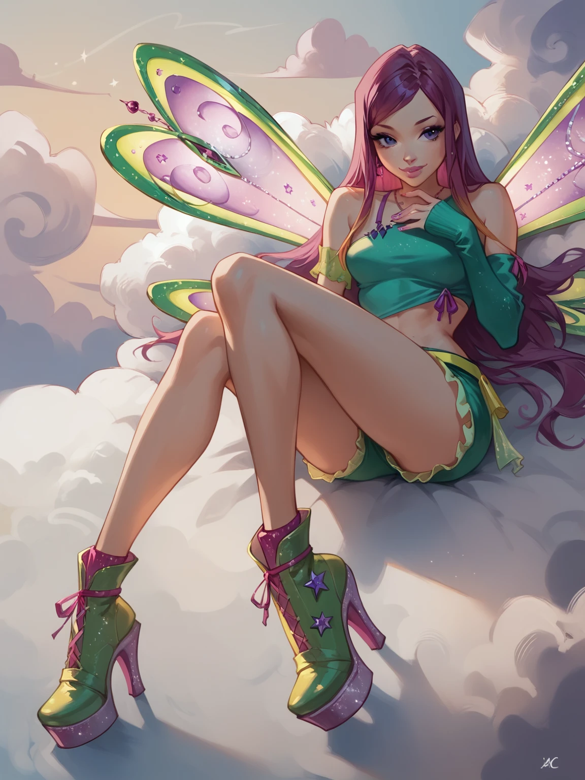 score_9, score_8_up, score_7_up, BREAK,  Roxy, 1girl, solo, long purple hair, green shirt with one with one sleeve, pink and green wings, green shorts, yellow belt, green shoes, glitter, lying cloud, evening sea background, dangles her legs, rests her face on her hands, puffy cheeks, concept art <lora:RoxyWinx:1>  <lora:Concept Art Twilight Style SDXL_LoRA_Pony Diffusion V6 XL:1>