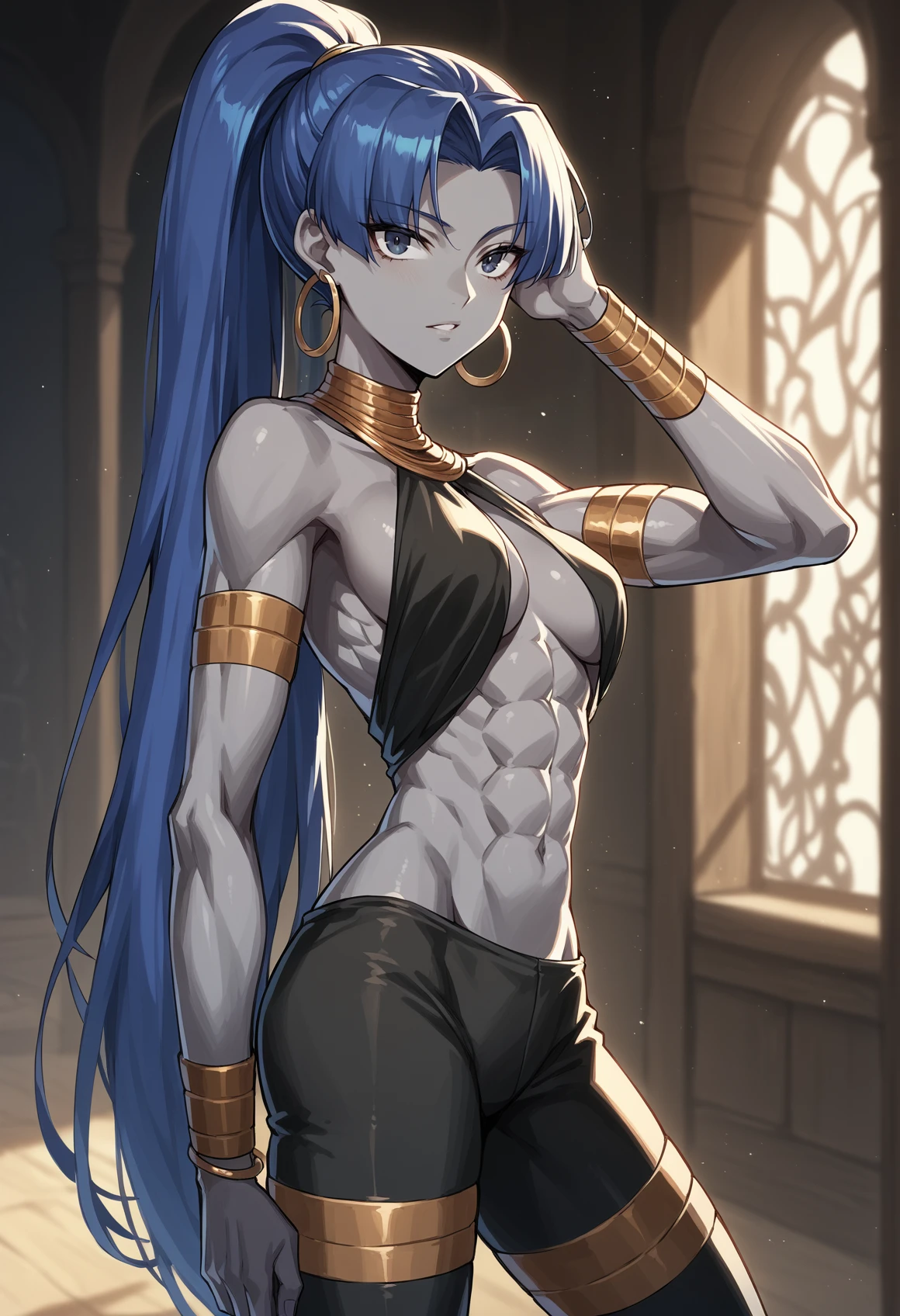 1girl, very dark skin, colored skin, grey skin, very long hair, blue hair, ponytail, black eyes, parted lips, abs, hoop earrings, neck ring, armlet, bracelet, leggings, from side, hand on head, looking at viewer, indoors  <lora:Hassan_Hundred_Personas_F:1>, score_9, score_8_up, score_7_up, score_6_up, score_5_up, score_4_up, BREAK source_anime, masterpiece