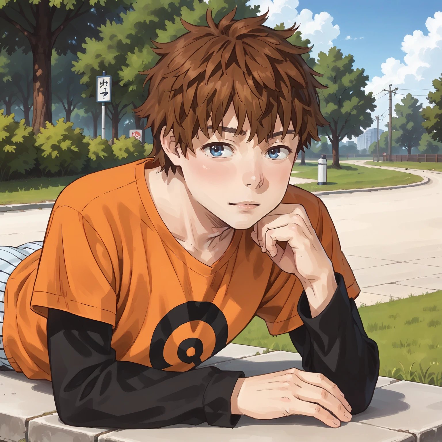 <lora:kazuyakinoshitaXLpony002>,
solo,
kazuyakinoshita,1boy,brown hair,short hair,blue eyes,
t-shirt,orange shirt,short over long sleeves,black sleeves,
pinstripe pants,
realistic,outdoors,
on stomach,the_pose,