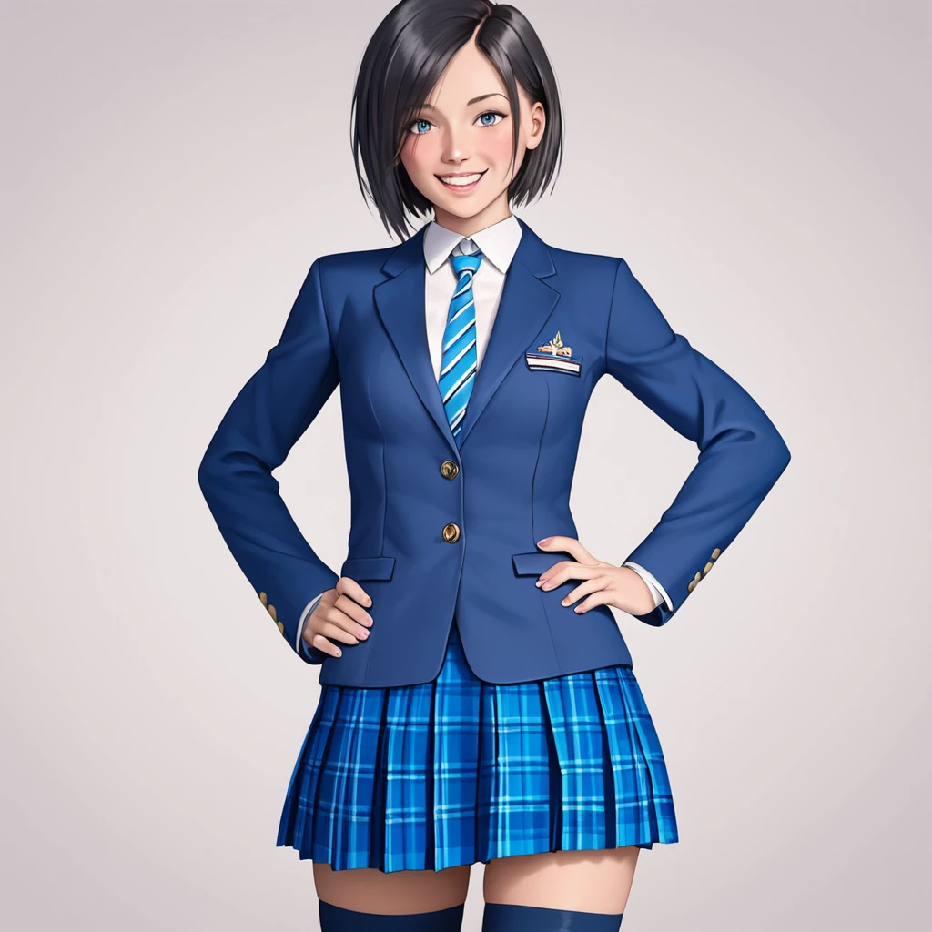 score_9, score_8_up, score_7_up, score_6_up, source_anime, masterpiece, best quality, highly detailed, perfect anatomy, amazing quality, solo, 1girl, Chloe18, black hair, short hair, school uniform, blue blazer, striped necktie, blue skirt, plaid skirt, thighhighs, <lora:Chloe - Chloe18-000010:1>, standing, hand on hip, looking at viewer, smile, white background, simple background, cowboy shot