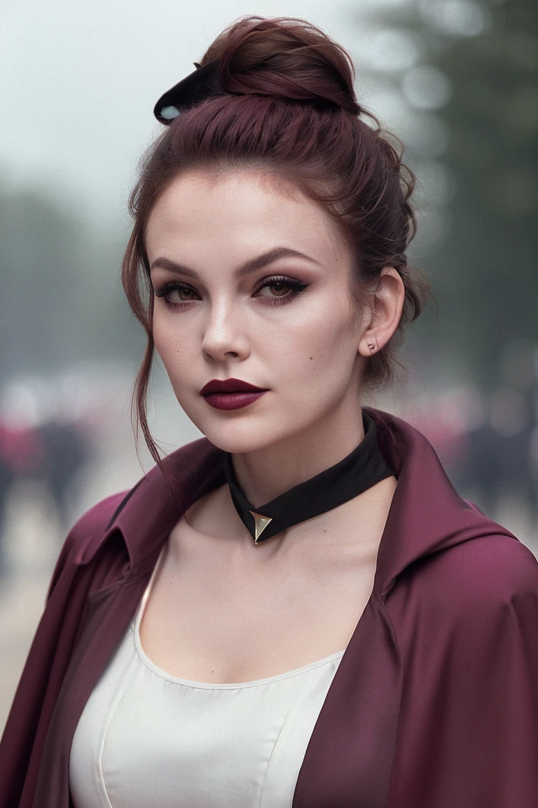 dianelane-630, ((red lipstick, blush)), , photo of a woman, ((outdoors, military cape, military uniform, military medals)), serious, ((military parade, cloudy, overcast, fancy updo, dark red hair, hair up, hair in bun)), ((dark lipstick, heavy eye shadow, heavy eyeliner, goth makeup, pale skin)), (closeup, portrait)