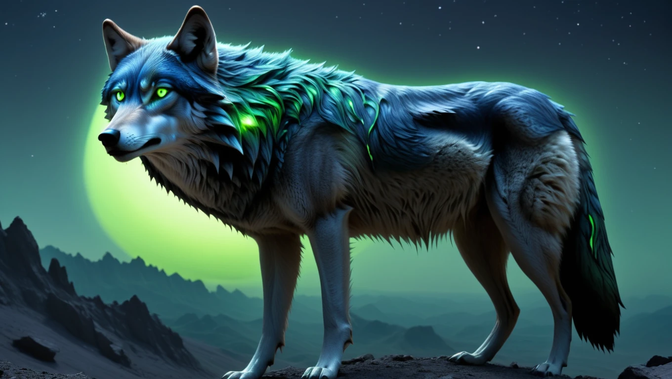 <lora:artfullyTHOWLER_SDXL_V1:.6>, artln, Twilight Howler: Wolf-like with a thick midnight-blue coat, camouflaging at night and glowing green eyes. It emits a hauntingly beautiful howl. (Realistic, hyperrealism, photograph, alien planet, alien species, masterpiece, detailed, best quality, professional)