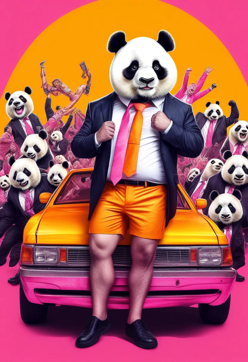 stpzzlzz, bracelet, animal, shorts, slit pupils, horror (theme), panda, pink necktie, wrestling ring, crowd, car interior, seiza, formal, bag, yellow background, monochrome, orange skin