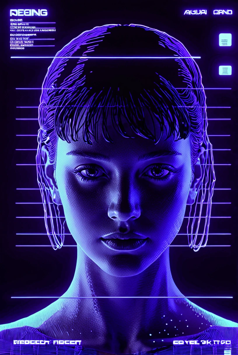 1girl, aqua wireframe of woman, vhs grain, navy lighting, purple reflections, CRT grain, white noise glitch, lineart, portrait, english text, UI display, HUD
[high quality photo, 4k, hd, 7-AnalogueInterfaces, 7-vectors]
<lora:add-detail-xl:0.5> <lora:CRT Vectors v1.0:0.8>