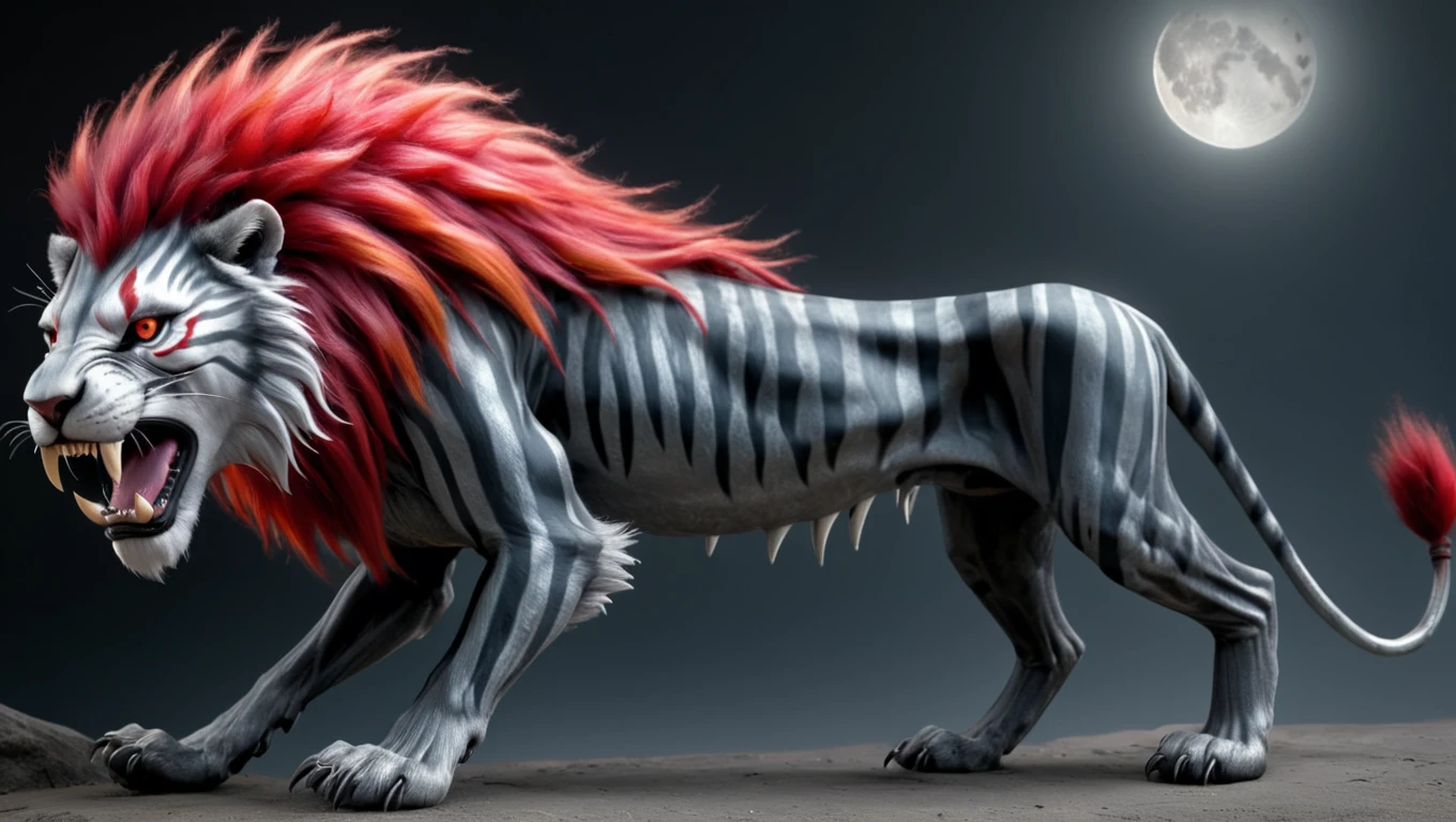 <lora:artfullyCSTALK_SDXL_V1:1.0>, Crimson Mane Stalker: A predator with a lion's build, sporting a striking red mane that flows like fire. Its fur is dark gray with silver stripes that catch the moonlight. The creature's teeth are long and sharp, glinting with a metallic sheen, 4 paws, hyperrealism