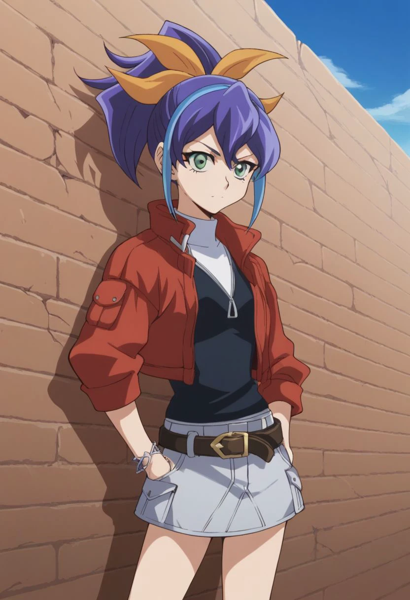 score_9, score_8_up, score_7_up, source_anime, highly detailed, 
celina, 1girl, solo, blue hair, purple hair, jacket, ponytail, multicolored hair, skirt, green eyes, bow, hair bow, two-tone hair, jewelry, bracelet, belt, open jacket, zipper, black shirt, grey skirt, uper body,
outdoor, sky, wall, cracks,