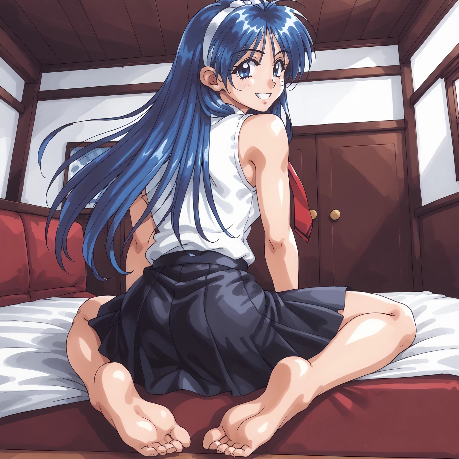(masterpiece, high quality, high resolution, super detailed, vibrant colors: 1.0, anime style, retro art style, clean brush strokes, 16k anime, full body shot, highly detailed, perfect anatomy, NSFW), (bedroom background, on bed), (ayukawa madoka, fully nude), tan, tan lines, 1 girl (solo: 1.0), (smiling face), (big breasts: 1.5, small nipples, detailed, small areola, detailed), (hard breasts, beautiful breasts), (wide hips: 1.3, big ass: 1.4), (pussy juice: 1.3), (pussy showing: 1.6, very accurate and realistic), (lying down, legs spread: 1.5, large), (frontal shot, shot from below),
