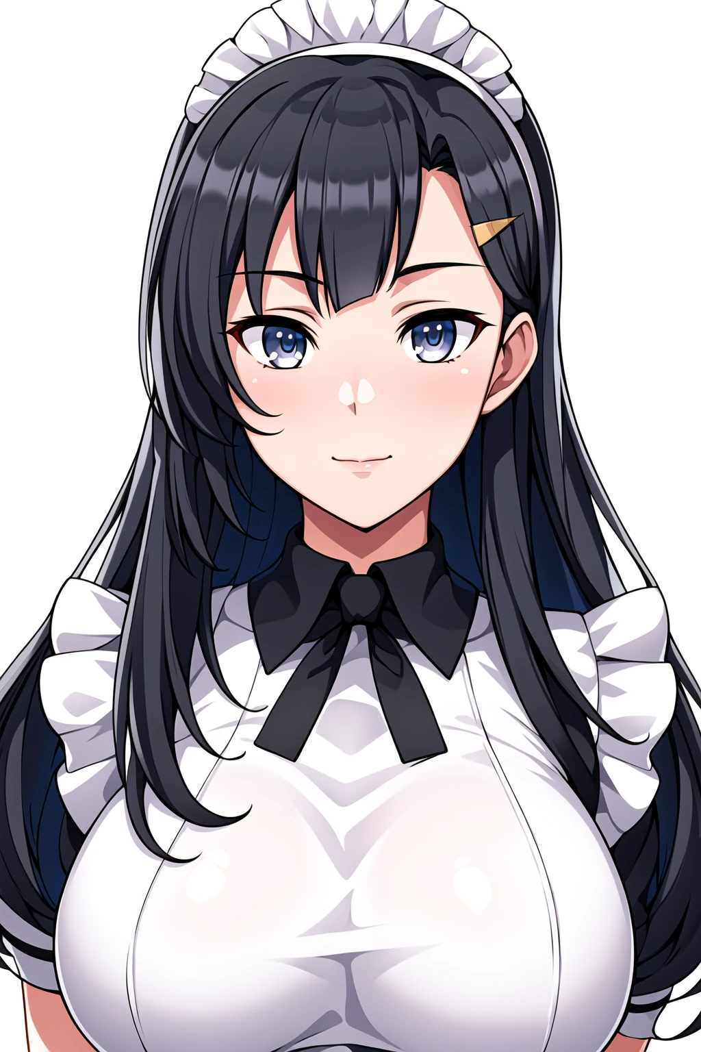 Simple White Background,
dynamic pose,standing at attention,
maid, maid headdress, maid headdress, 
<lora:Lia_konosuba-KK77-V1:0.7>,
black eyes, black hair,bangs,Long hair,hair ornament, 
<lora:more_details:0.1>,<lora:Oda_Non_Style-KK77-V2:0.3>,<lora:Sexy_AIart-KK77-V1:0.3>,
1 girl, 20yo,Young female,Beautiful long legs,Beautiful body,
Beautiful Nose,Beautiful character design, perfect eyes, perfect face,expressive eyes,perfect balance,
looking at viewer,(Focus on her face),closed mouth, (innocent_big_eyes:1.0),(Light_Smile:0.3),
official art,extremely detailed CG unity 8k wallpaper, perfect lighting,Colorful, Bright_Front_face_Lighting,White skin,
(masterpiece:1.0),(best_quality:1.0), ultra high res,4K,ultra-detailed,
photography, 8K, HDR, highres, absurdres:1.2, Kodak portra 400, film grain, blurry background, bokeh:1.2, lens flare, (vibrant_color:1.2),professional photograph,
(Beautiful,large_Breasts:1.4), (beautiful_face:1.5),(narrow_waist),