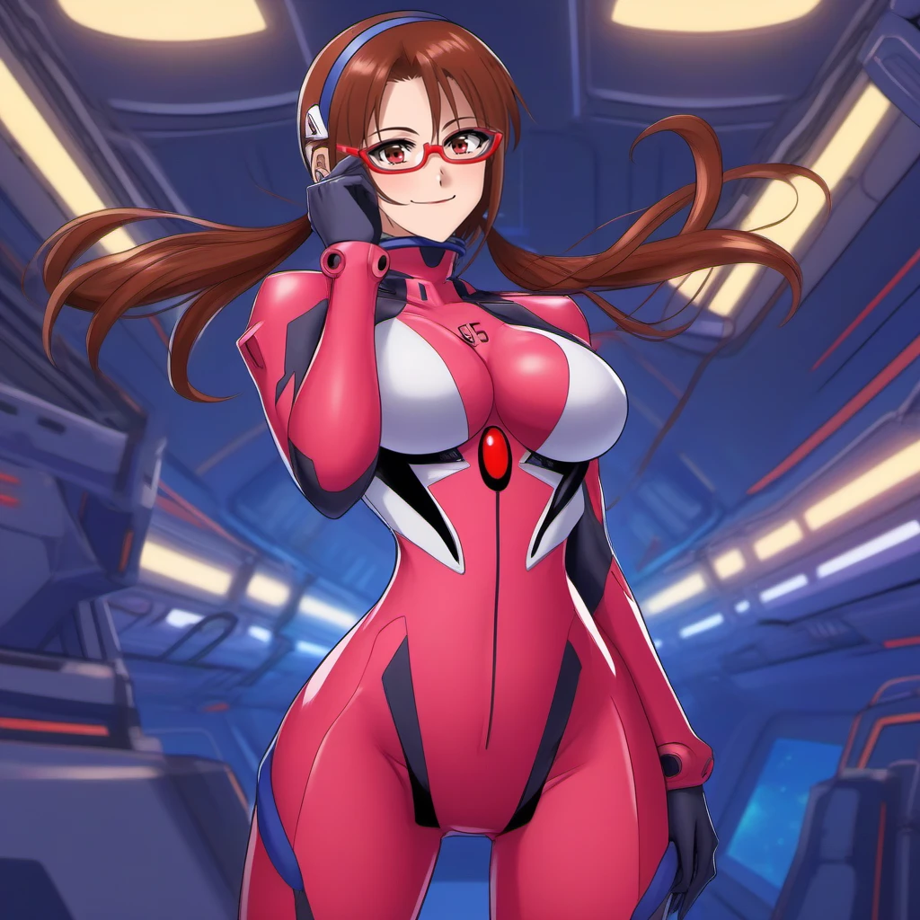 anime artwork full body portrait woman in a plugsuit, long pony tails, seductive smile, ass, brown hair, red glasses frame , long hair, high heels, large breast, text ''05'',  in a spaceship <lora:MariMakinamiIllustrious1024:0.8> . anime style, key visual, vibrant, studio anime,  highly detailed