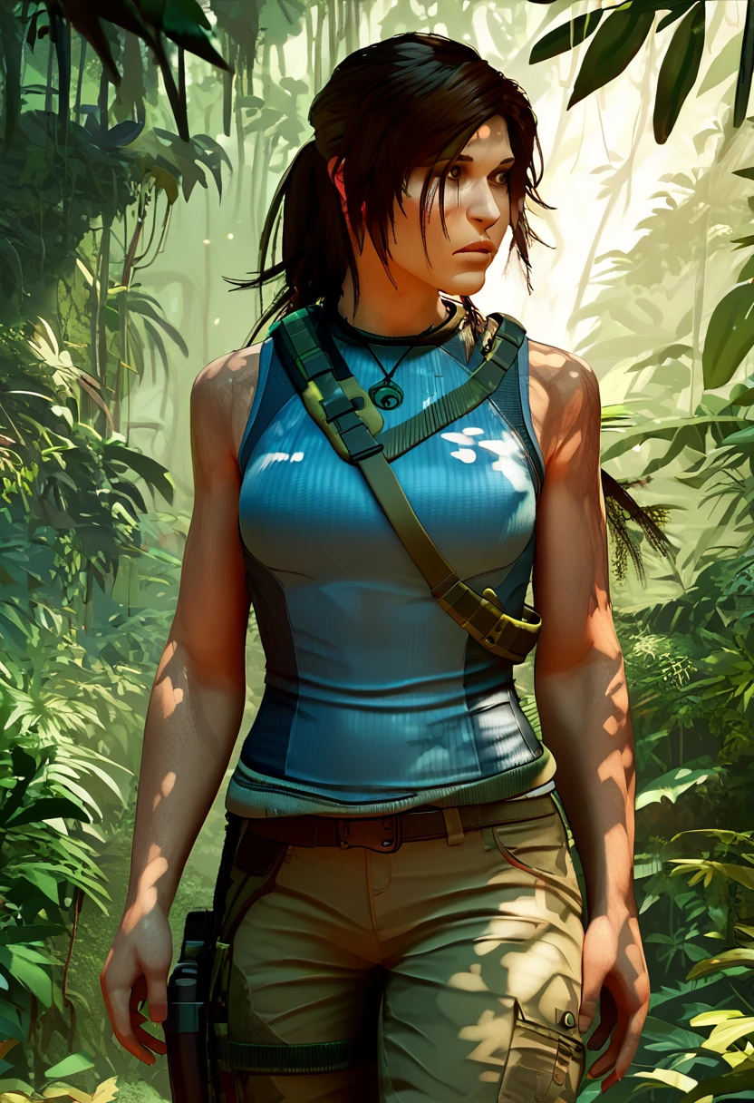 score_9, score_8_up, score_7_up, score_6_up, lara croft, looking away, brown eyes, walking through foliage, sleeveless, blue shirt, brown pants, dappled sunlight, jungle <lora:LaraCroft:1>