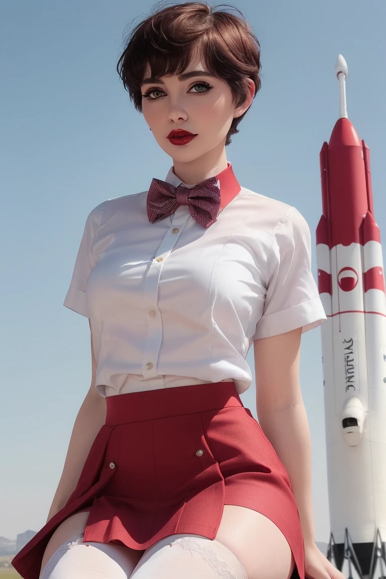 <lora:rocketbabey-07:0.5>,rocketbabey, ((detailed eyes, beautiful eyes, detailed face, beautiful face):1.2), ((short hair, pixie cut)), ((red lipstick, blush, pale skin)),  , photo of a woman, ((sitting on a rocket, skirt, thighhighs, bowtie, shirt)), slight smile