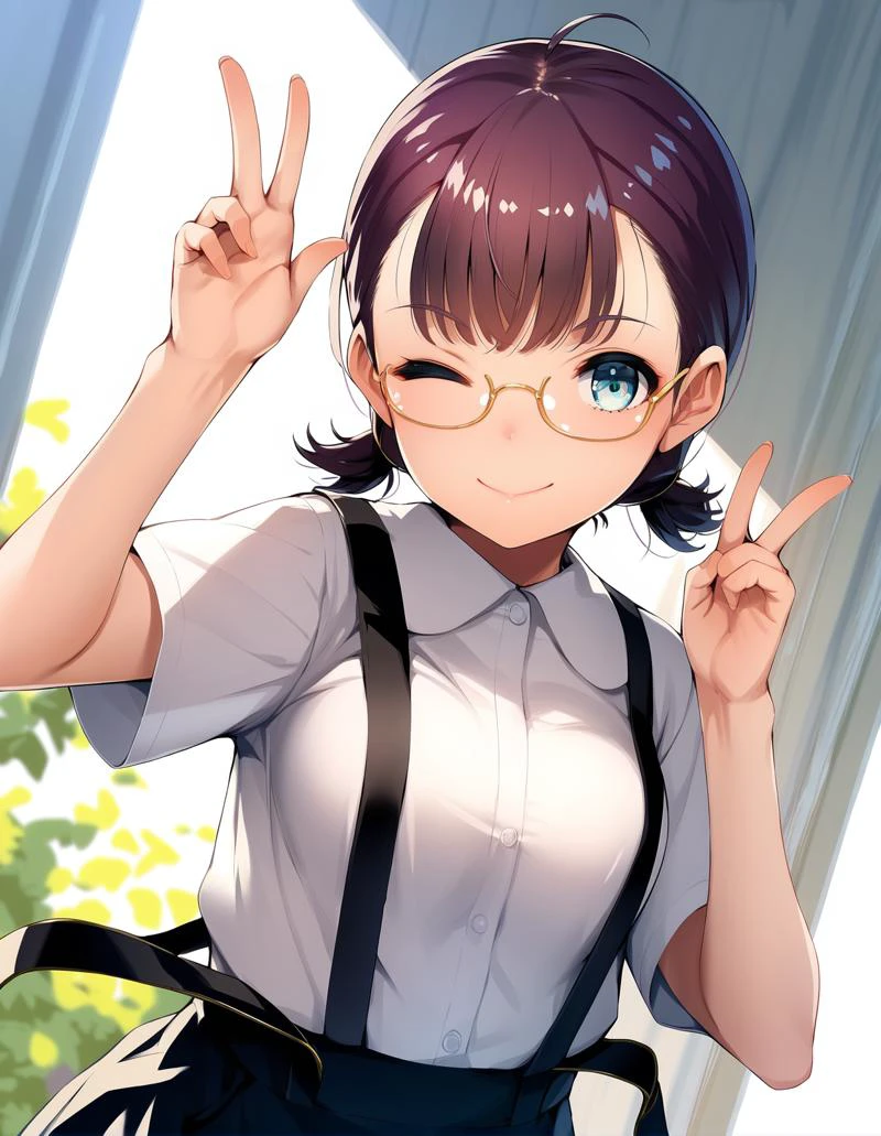 score_9, score_8_up, score_7_up,score_6_up,score_5_up,score_4_up,1girl, dutch angle, short hair, purple hair, yellow blue eyes, low short twintails, school uniform, yellow blue eyes, glasses, suspenders, medium breasts, v, one eye closed, smile
<lora:sody_style_pony6_v1:1>