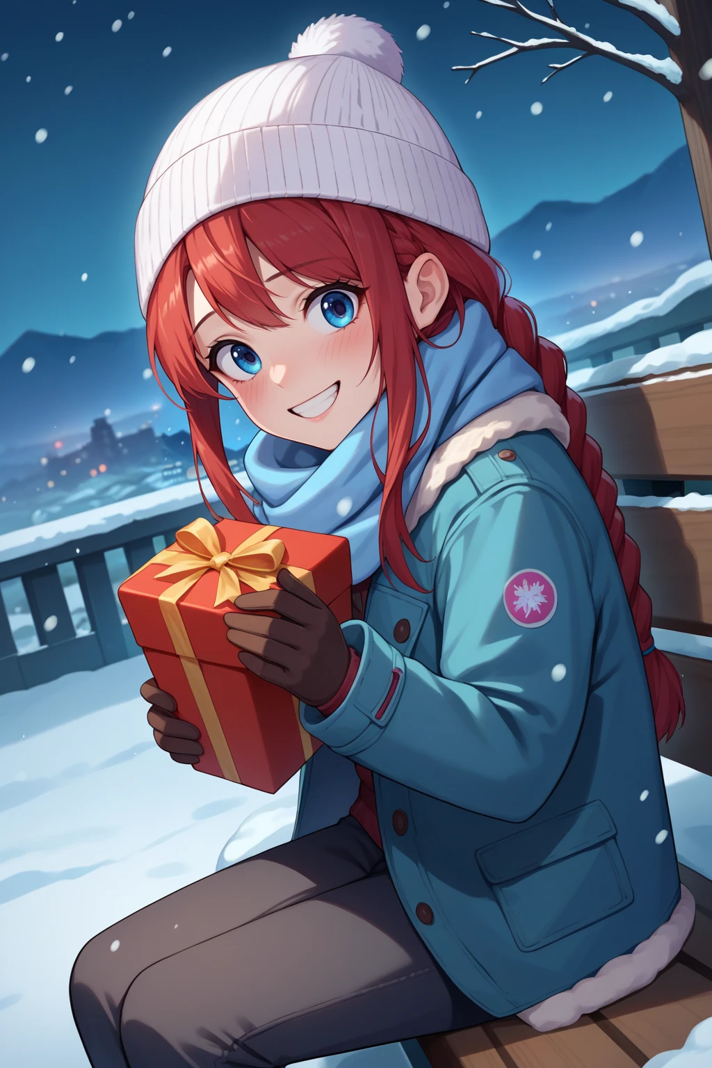 score_9, score_8_up, score_7_up, source_anime, from side, dutch angle, looking at viewer, smile, teeth, embarrassed, blush, 1girl, long hair, braided ponytail, red hair, blue eyes, beanie, scarf, winter clothes, jacket, gloves, pants, holding gift, sitting on bench, pov, outdoors, snowing, winter, night, hill, skyline, wind