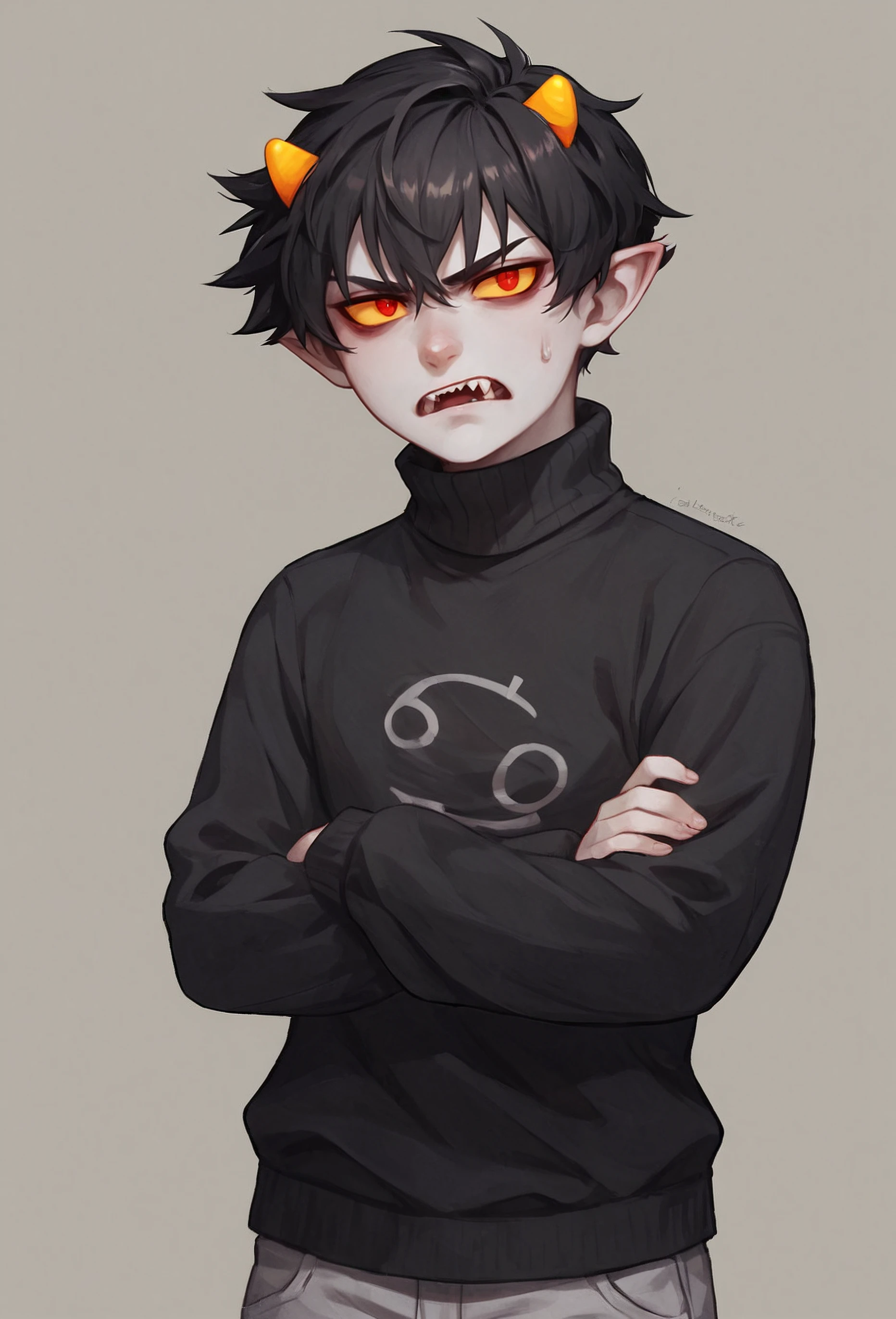 , score_9, score_8_up, score_7_up, masterpiece,  , line art, portrait,  anime,, detailed,  <lora:Expressive_H:0.45> Expressiveh,   looking at viewer,  annoyed,  frustrated,   <lora:Karkat_vantas:0.8>,karkat vantas , black hair, short hair, horns, gray skin, colored skin, yellow sclera, red eyes pointy ears,  gray pants, sweatpants,  turtleneck, black sweater,  grunt, fangs,  cancer \(symbol\) on sweater , crossed arms,