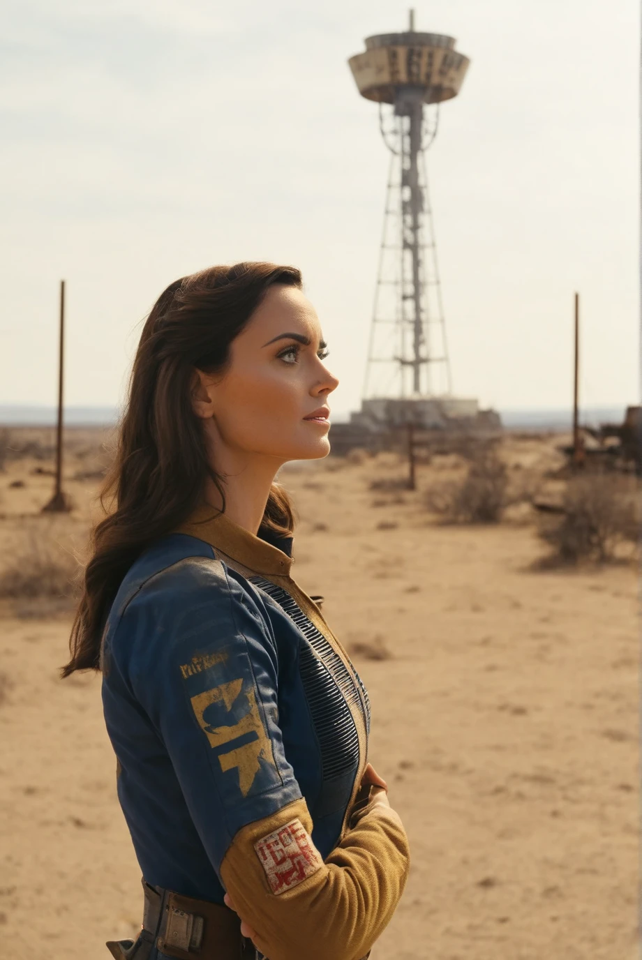 falloutcinematic, Lucy MacLean, upper body framing, vault dweller shirt, sign reads "RADIO", wasteland, post apocalypse, outdoors, standing, looking away, radio tower exterior,
