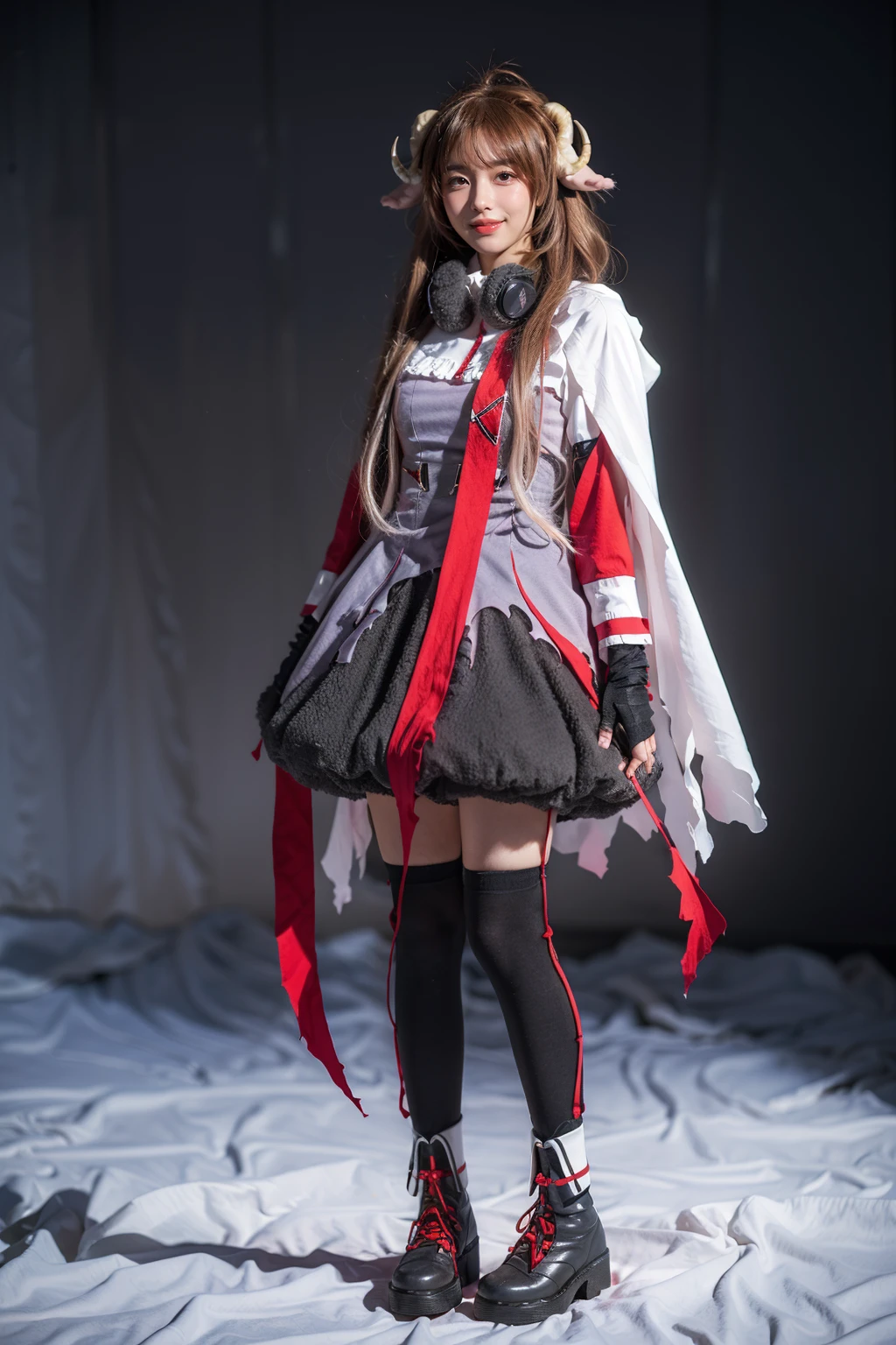 best quality,masterpiece,realistic,photorealistic,1girl,solo,smile,looking at viewer,standing,full body,eyjafjalla cosplay costume,eyjafjalla,arknights,cosplay,brown hair,long hair,animal ears,horns,sheep horns,dress,white cape,gloves,headphones around neck,ribbon,thighhighs,ankle boots,simple grey background,<lora:Arknights_Eyjafjalla_cosplay_v1:0.7>,