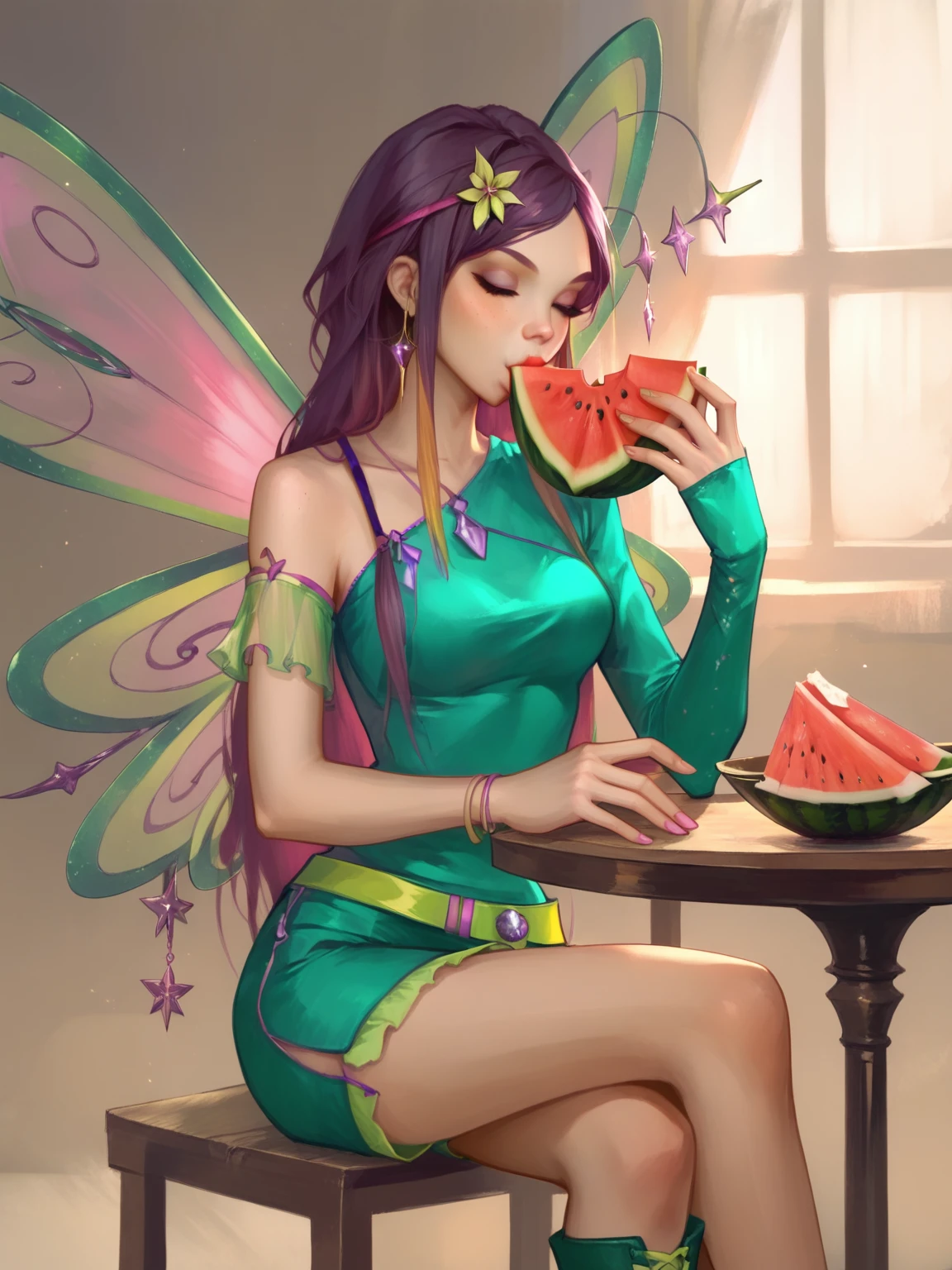 score_9, score_8_up, score_7_up, BREAK,  Roxy, 1girl, solo, long purple hair, green shirt with one with one sleeve, pink and green wings, green shorts, yellow belt, green shoes,  eating watermelon, sitting at the table, wodeipoi <lora:RoxyWinx:1>   <lora:wodeipoi:1>