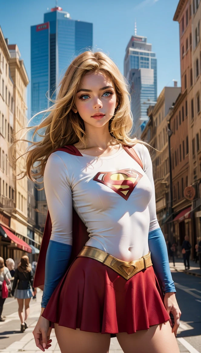 8k, best quality, real picture, intricate details, ultra-detailed, ultra highres, depth field,(photorealistic,realistic:1.2),masterpiece,photo of european girl, supergirl, blue eyes, blonde hair, long hair, cape, skirt , pantyhose, superhero, solo, sun, blue sky, best quality, realistic, photorealistic, (intricate details:1.2), (delicate detailed), (cinematic light), clear line, sharp focus, realistic face, detailed face, unity 8k wallpaper, ultra high res, (photorealistic:1.4), looking at viewerr<lora:Supergirl-000003:1>