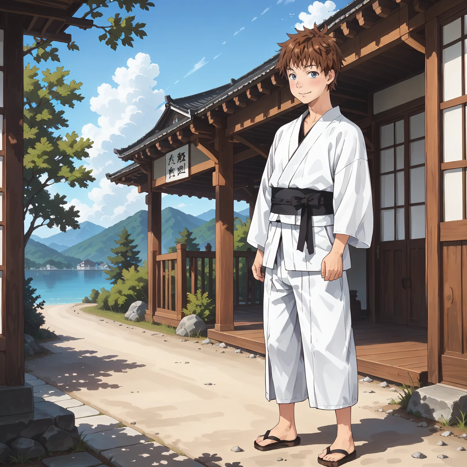 <lora:kazuyakinoshitaXLpony002>,
looking at viewer,smile,
solo,
kazuyakinoshita,1boy,brown hair,short hair,blue eyes,
realistic,outdoors,
full body,standing,
japanese_clothes,black sash,