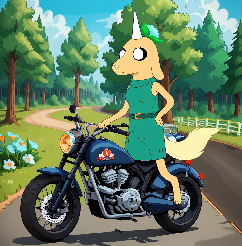 score_9, score_8_up, score_8,
 <lora:Viola_the_Pup_Adventure_Time_for_PonyXL:0.8> furry, 1girl, vi0la, single horn, animal ears, white eyes, black sclera, tail, flower hair ornament, green dress, outdoors, forest, biking uniform, motorcycle, racetrack,