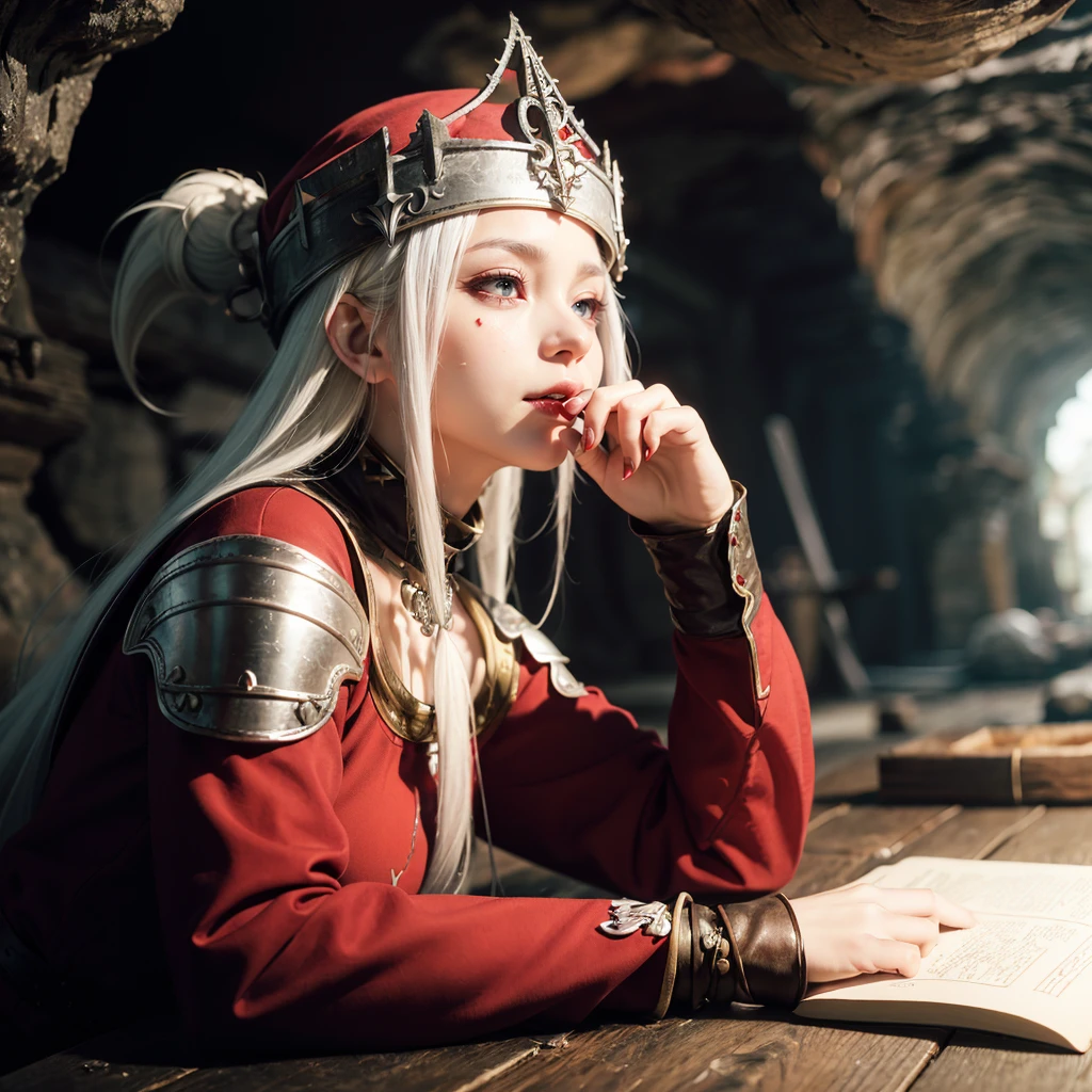 white hair,(red eyes),fang,evil,from side,sitting,(hat,alchemaniac,cave,herb,medieval,dungeons and dragons,village:1.3),
(cute half-asian girl),
(masterpiece, best quality),