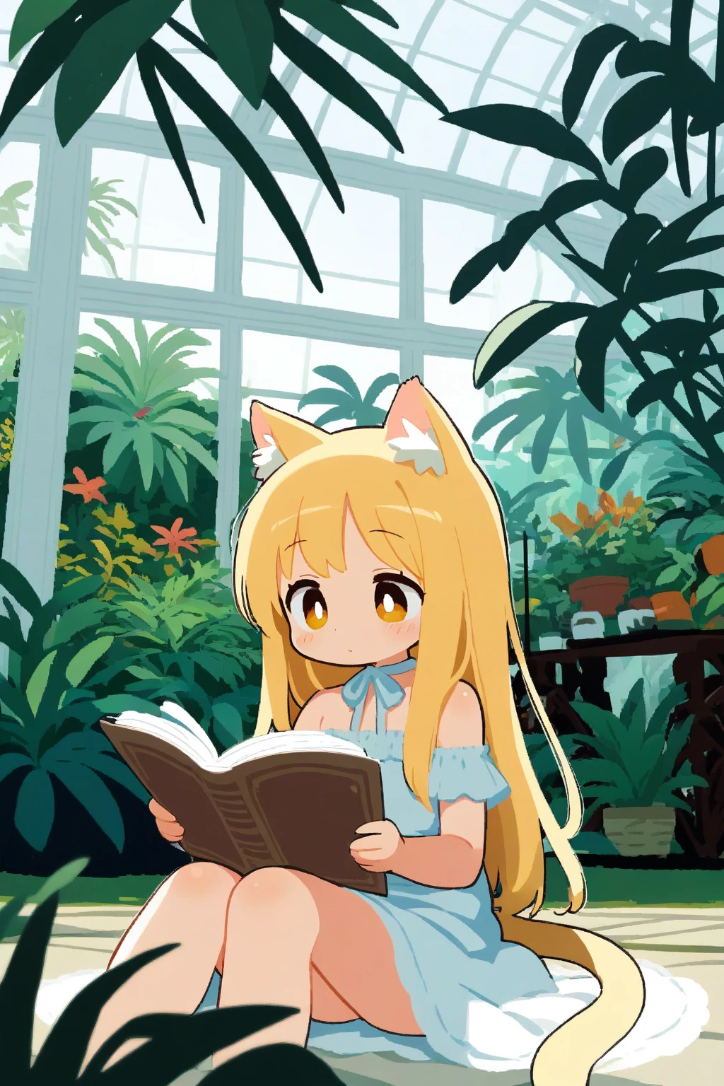 1girl, cat ear, tail,blond hair, long hair, botanical garden, greenhouse, floor-to-ceiling windows, reading, tropical plants, garden, white tulle, sitting,close up