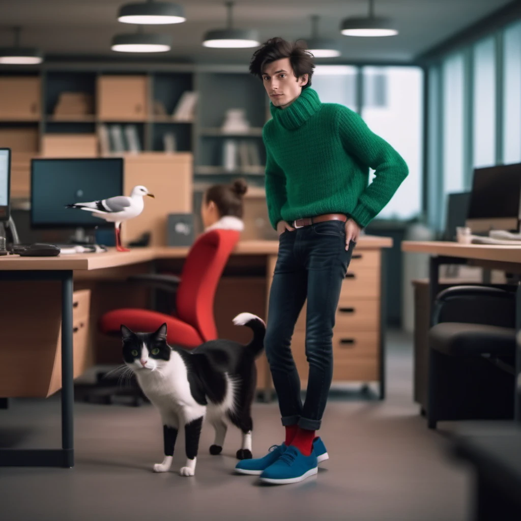 cinematic photo a skinny man, big head,  black messy hair, green turtleneck sweater, denim pants, blue shoes, red socks, with a black and white cat, a seagull on the shoulder,  in a office  <lora:Gaston1024-000330:0.8> . 35mm photograph, film, bokeh, professional, 4k, highly detailed