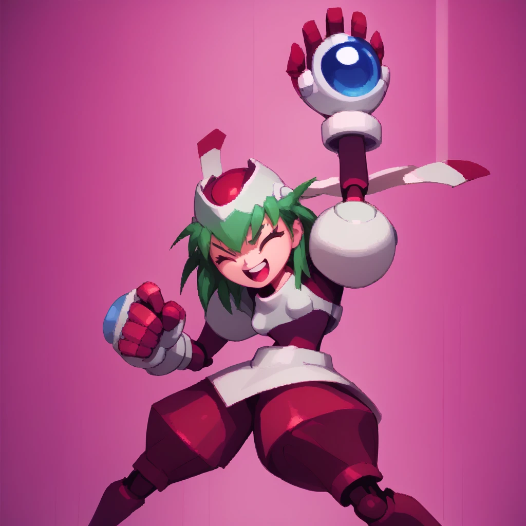 <lora:Marina Liteyears - PDXL - v1-step00002100:1> 1girl, solo, Marina_Liteyears, green hair, helmet, helmet_rutters, robot, small breasts, white and red armor, blue jewel, official, arm reaching up, fist, eyes closed, action shot, smile, mouth open, teeth,, source_cartoon, score_9, score_8_up, score_7_up,