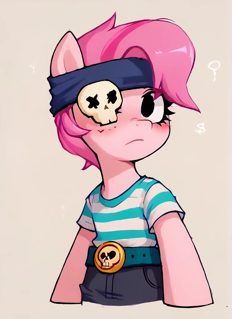 score_9, score_8_up, score_7_up,   <lora:bspenny:1> bspenny ,1girl , pink hair , short hair, black eye ,   bandana,  one eye covered ,  skull  ,hairband  , eyepatch,  , striped shirt, belt,black pants ,blush, Face of shame <lora:SyrupyyyArt:1>syrupyyy   , pony girl , (pony:1.2)