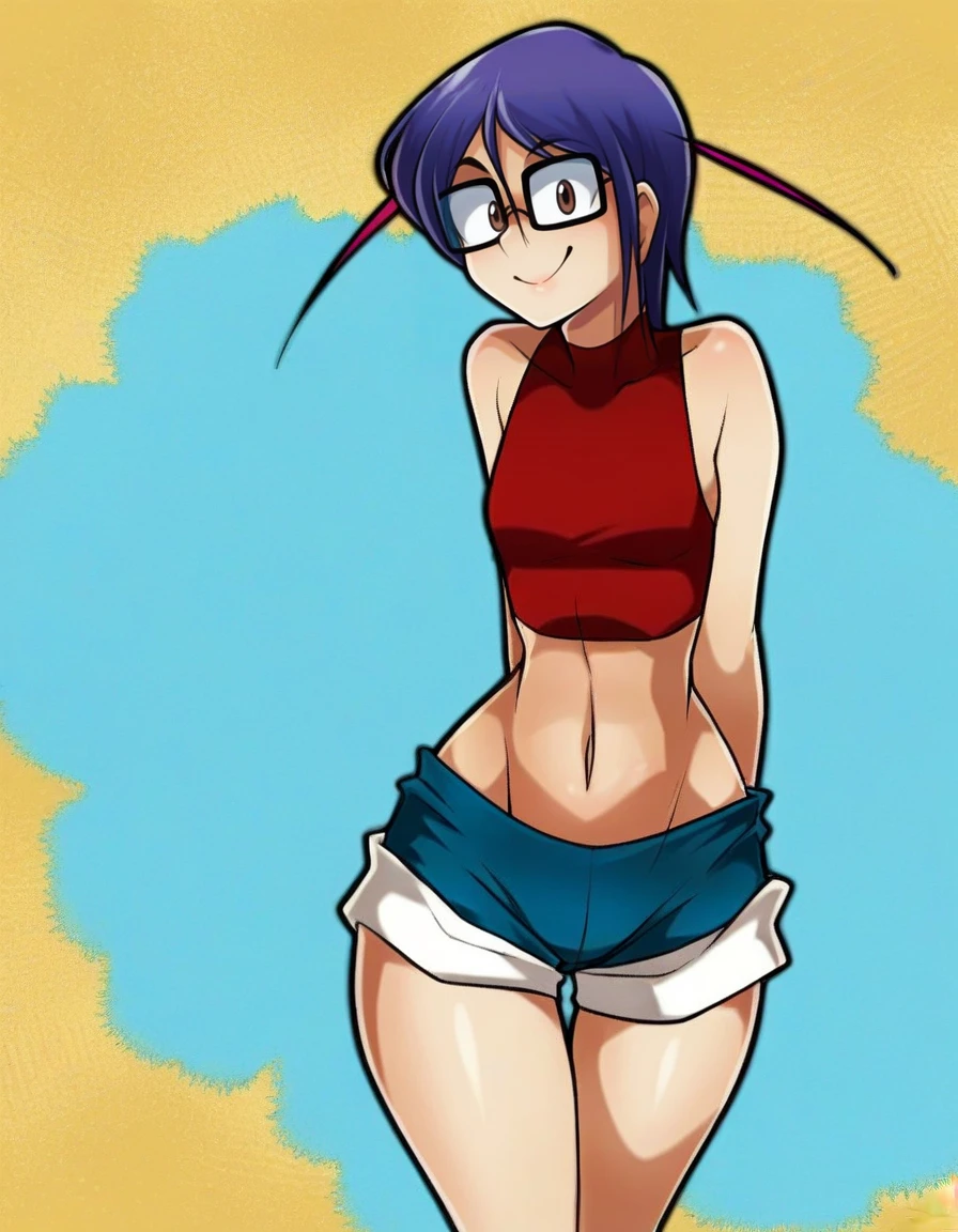 noodle (Gorillaz), tmasterpiece, beste-Qualit, 1girl, 独奏, Blue hair, twintails, makeup, quiff, Short Hair Hair, portraite of a, lipstick, kblack eyes, parody, pectorals, sexy expression, wet, little chest, Mini Underboob Tee, seductive smile, flirty pose