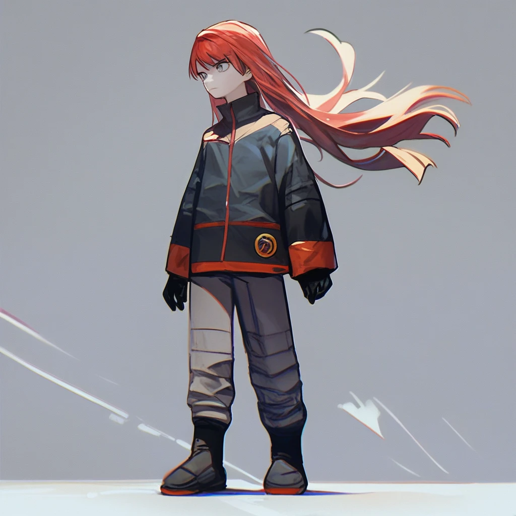 score_9_up, score_8_up, score_7_up, score_6_up, score_5_up, score_4_up, 1boy, silver_gsc, solo, standing, full body, red hair, long hair, bangs, grey eyes, jacket, black jacket, long sleeves, black gloves, pants, purple pants, boots, black footwear,