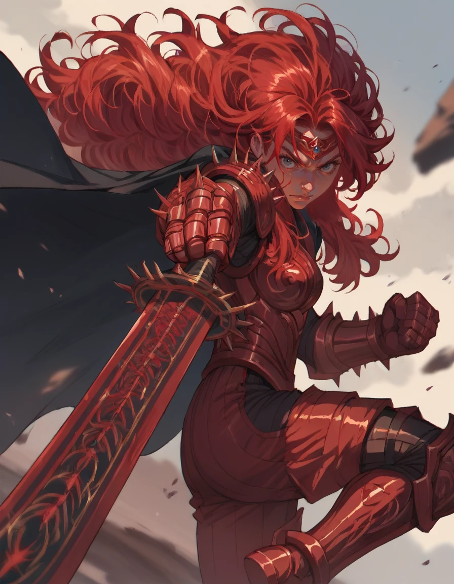 score_9, score_8_up, score_7_up, <lora:Gravelyn - Adventure Quest_epoch_10:0.7> aia_gravelyn_aq, red hair, long hair, blue eyes, red armor, breastplate, gold circlet, solo, spiked pauldrons, greaves, cape, fighting pose, weapon,