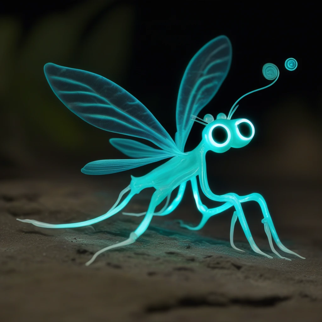 The Luminous Skitter is in a relaxed state, lying down with its legs tucked beneath its body. Its head is slightly tilted to one side, and its large eyes are half-closed, giving it a calm and serene expression. The bioluminescent glow from its body softly illuminates the surrounding area, creating a gentle, peaceful ambiance.