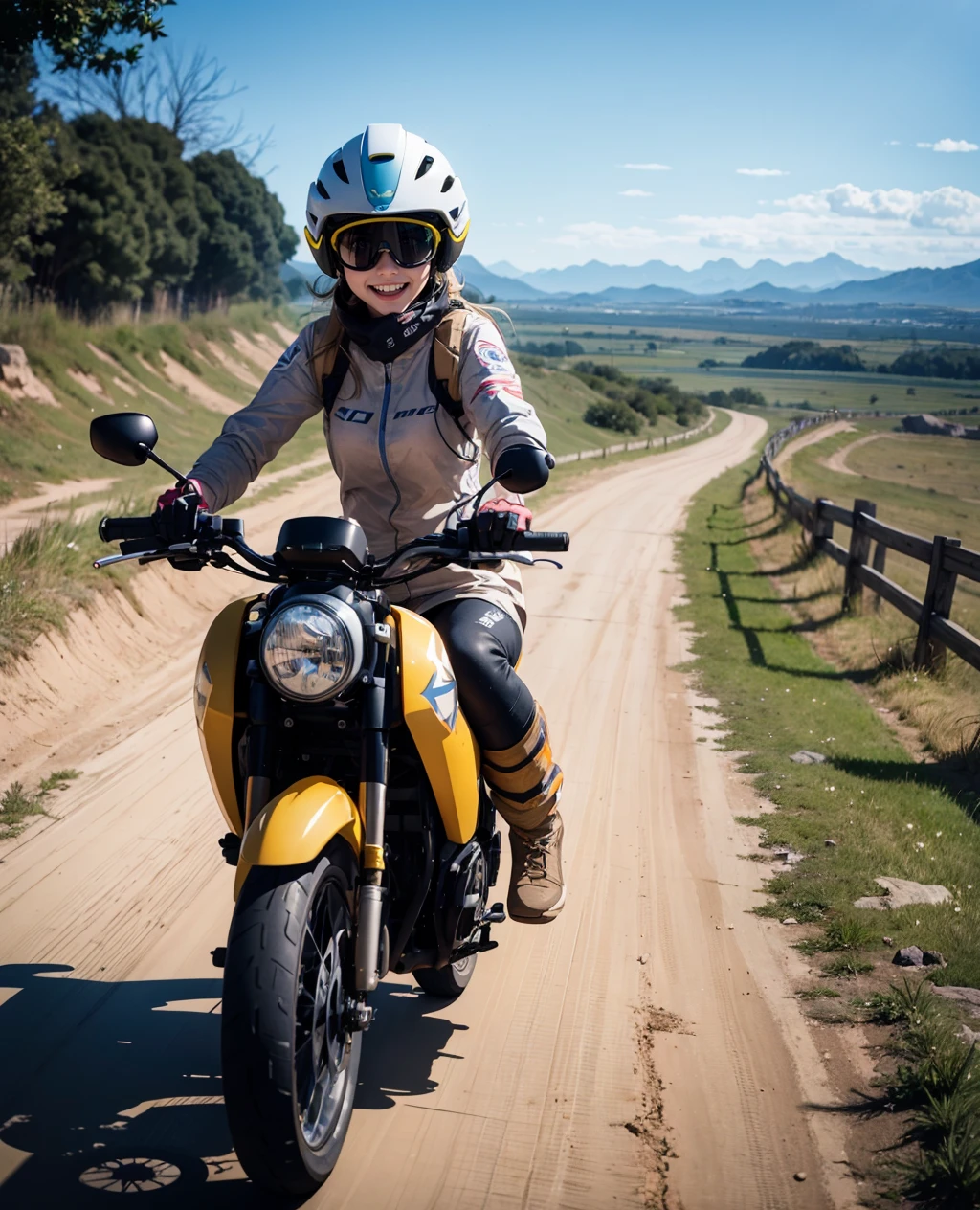 1girl,flight goggles,riding a motobi \(mtb umk\),smile,dirt road,dust,
BREAK masterpiece,best quality,