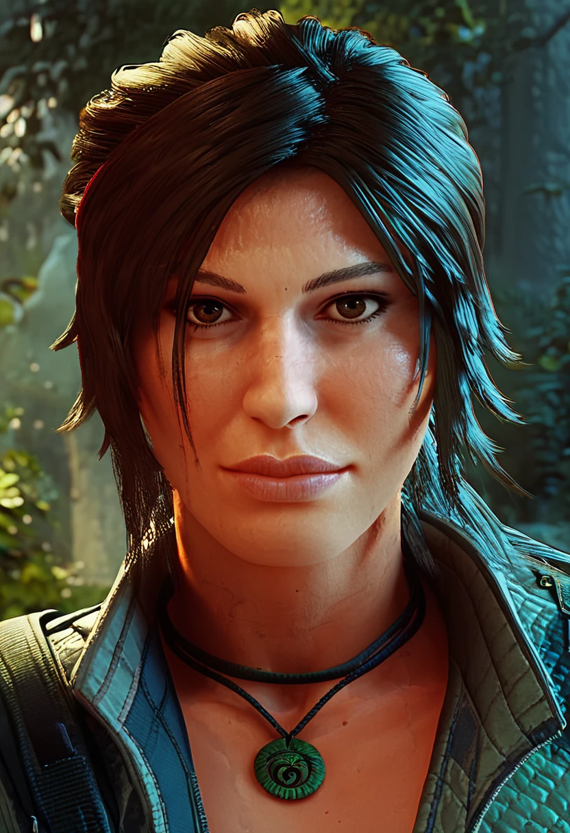 score_9, score_8_up, score_7_up, lara croft, close-up, looking at viewer, slight smile, necklace, jacket collar <lora:LaraCroft:1>