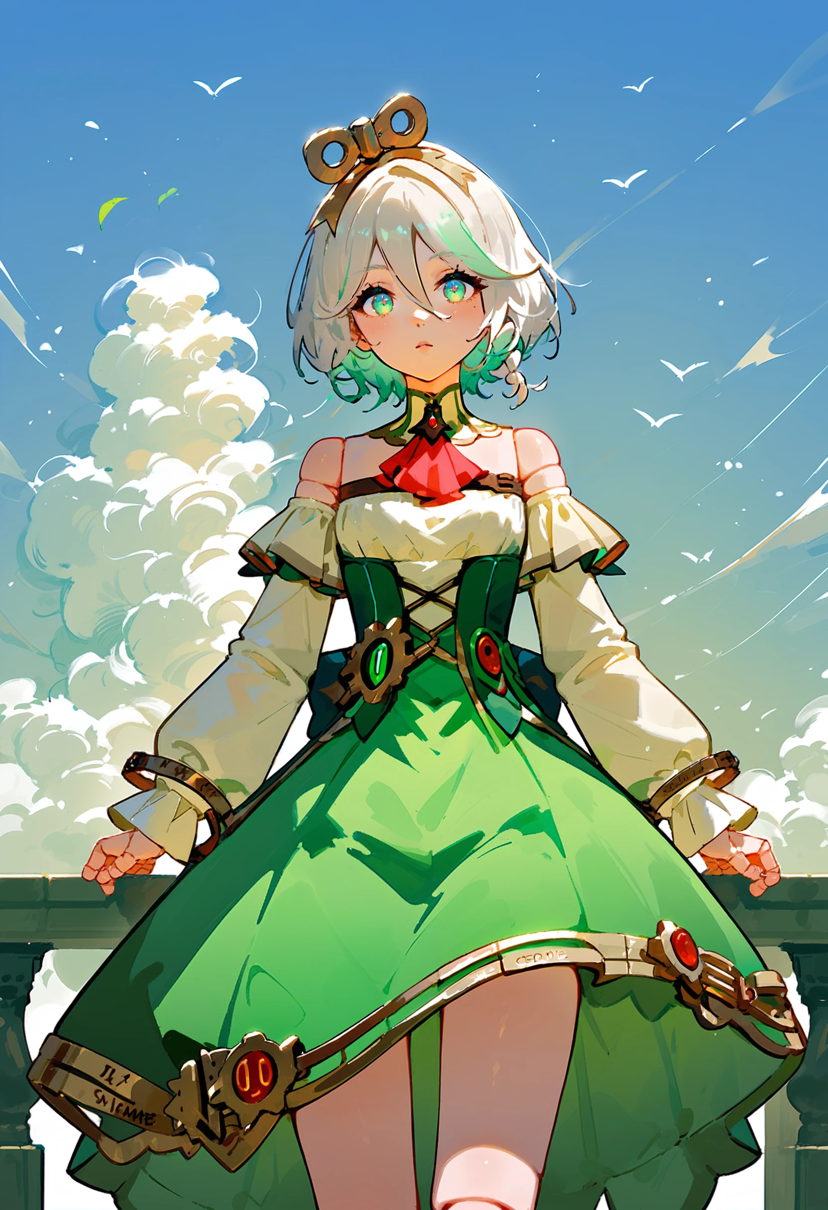 score_9, score_8_up, score_7_up, score_6_up,
cimmrg, 1girl, short hair, bare shoulders, dress, red ascot, long sleeves, white hair, green dress, joints, cowboy shot, sky
BREAK <lora:KitsuneAi_CeciliaImmergreen-XL_DoRA-V2-000008:1>