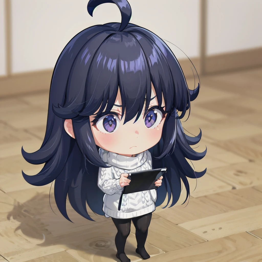 absurdres, high detail, 4k,
indoors, living room,
standing, holding tablet, expressionless, frown,
chibi, kamisaman, ahoge, aran sweater, cable knit, long sleeves, white sweater, sweater dress, black pantyhose, no shoes
<lora:MGCM-kamisaman-t1:0.9>
